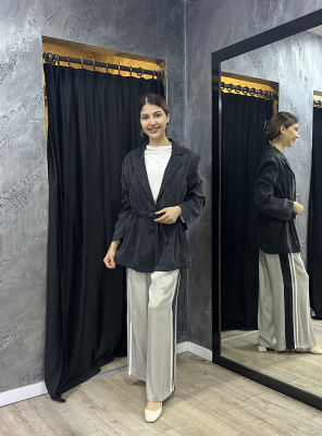 Si Design Biye Detaylı Fileli Cupro Pantolon GREY - 5