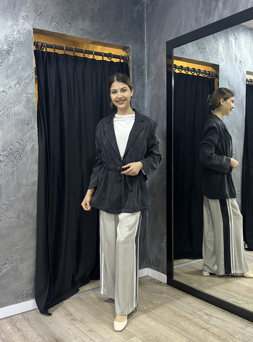Si Design Biye Detaylı Fileli Cupro Pantolon GREY - 5