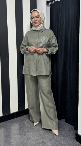 Si Design Bol Paça Keten Pantolon HAKİ 