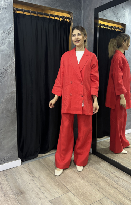 Si Design Bol Paça Keten Pantolon KIRMIZI - 4