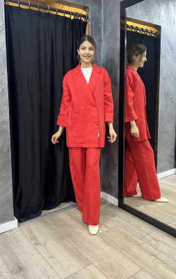 Si Design Bol Paça Keten Pantolon KIRMIZI - 5