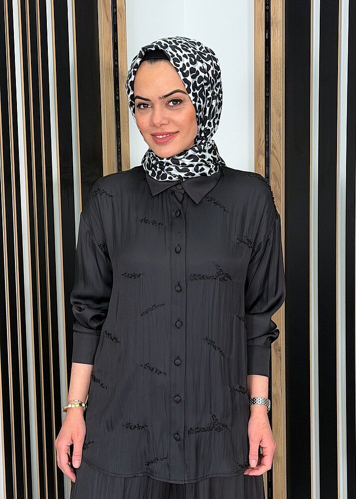 Si Design Boncuk İşlemeli Uzun Kollu Gömlek BLACK