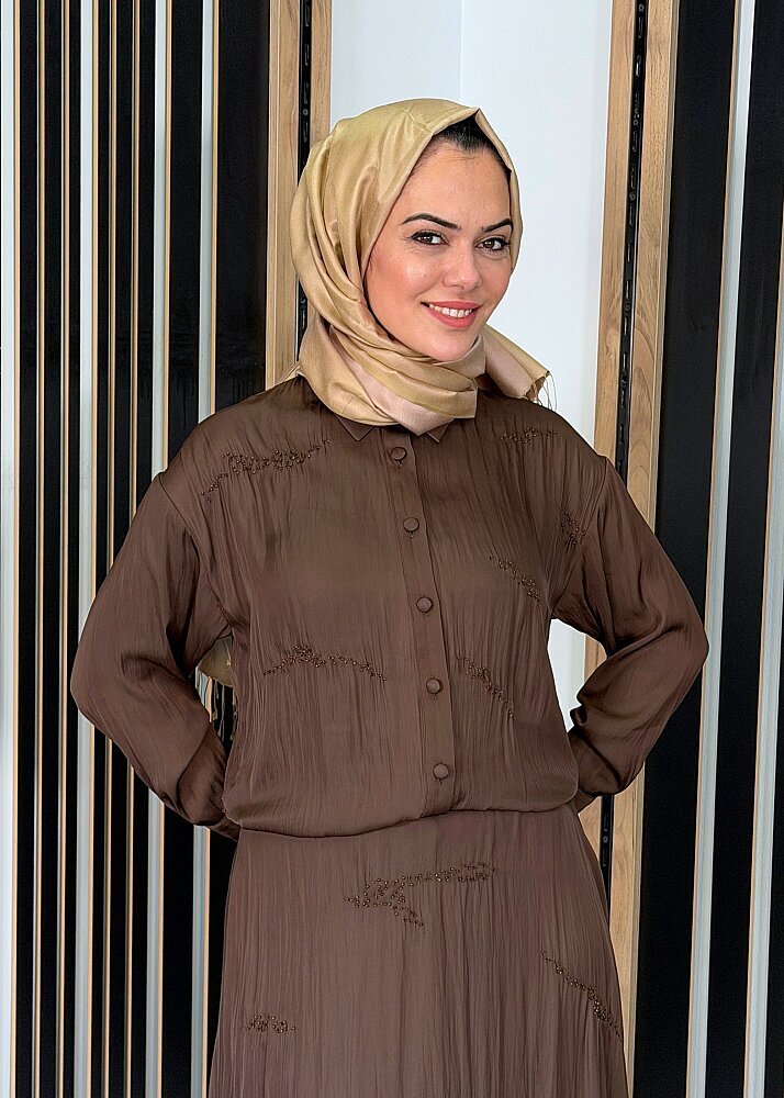 Si Design Boncuk İşlemeli Uzun Kollu Gömlek KAHVE