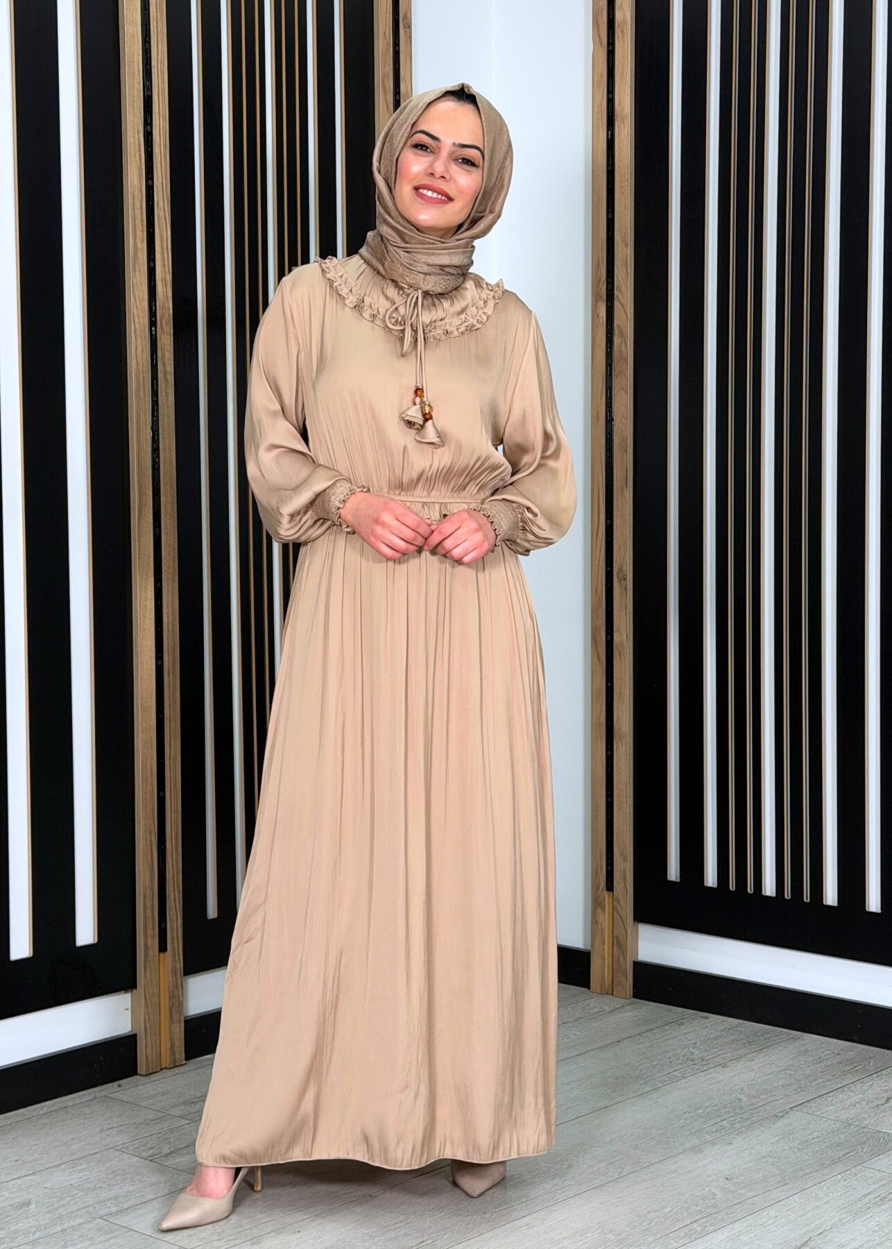 Si Design Bürümcük Kumaş Elbise BEİGE - 1