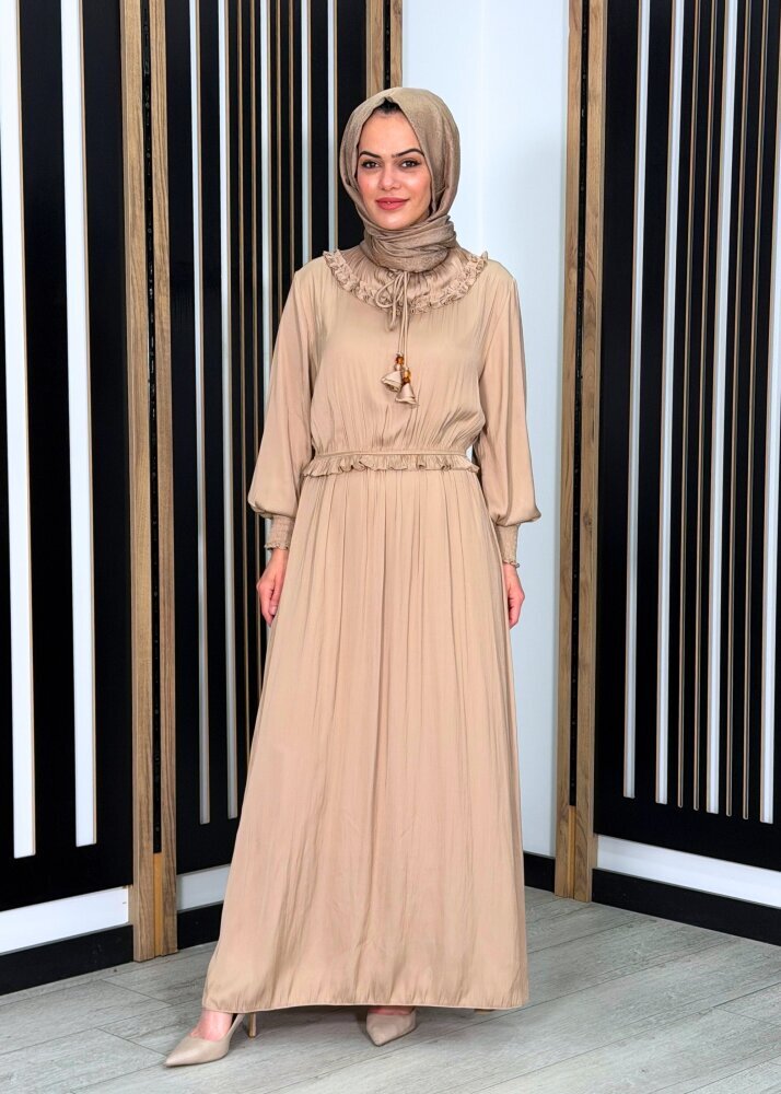 Si Design Bürümcük Kumaş Elbise BEİGE - 2