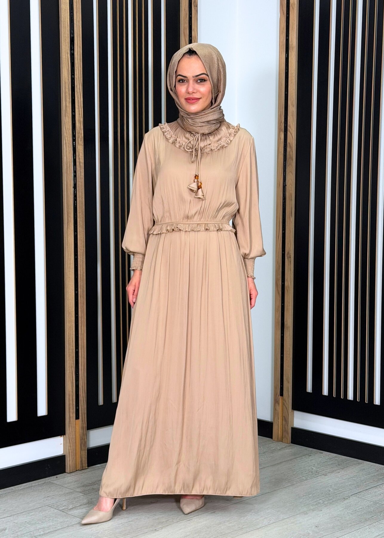 Si Design Bürümcük Kumaş Elbise BEİGE - 2