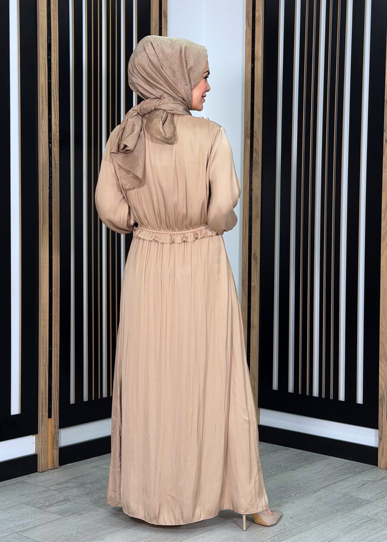 Si Design Bürümcük Kumaş Elbise BEİGE - 3