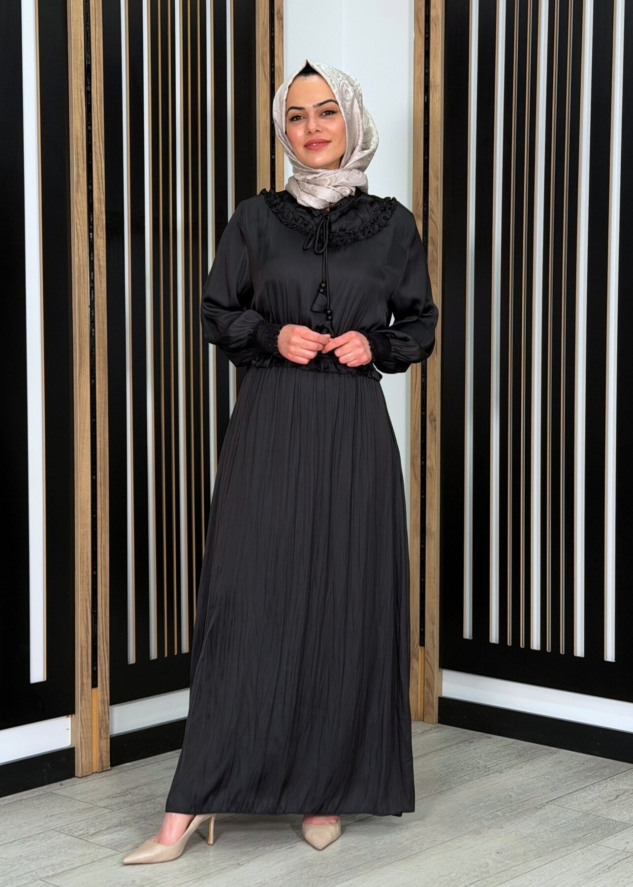 Si Design Bürümcük Kumaş Elbise BLACK - 2