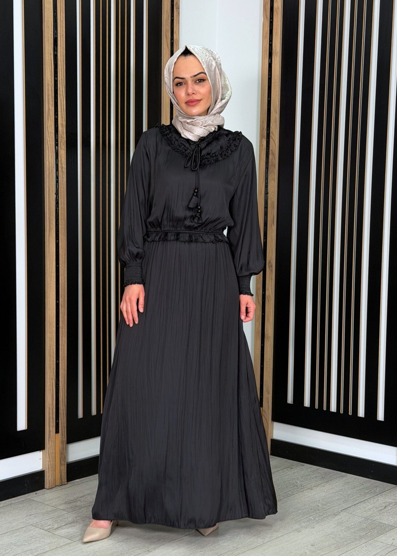 Si Design Bürümcük Kumaş Elbise BLACK - 1