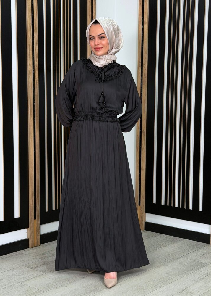 Si Design Bürümcük Kumaş Elbise BLACK - 3