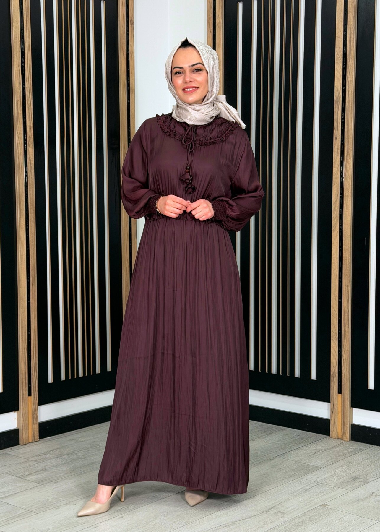 Si Design Bürümcük Kumaş Elbise Burgundy - 2