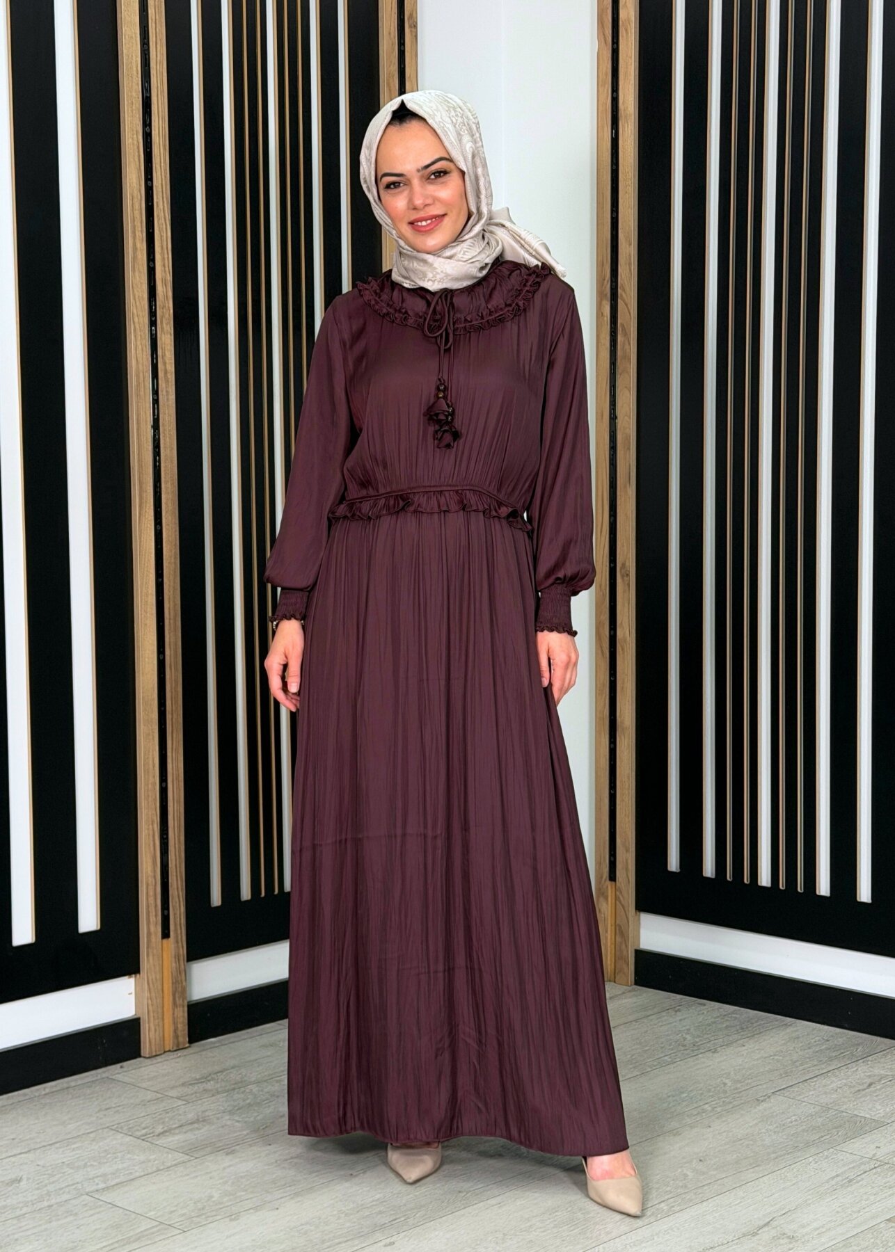 Si Design Bürümcük Kumaş Elbise Burgundy - 3