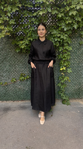 Si Design Cepleri Yaprak Desenli Keten Etek BLACK 