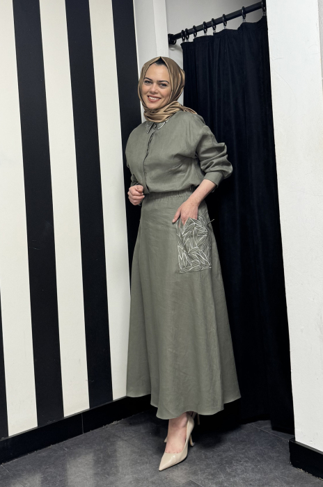 Si Design Cepleri Yaprak Desenli Keten Etek KHAKİ - 2