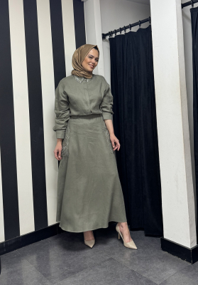 Si Design Cepleri Yaprak Desenli Keten Etek KHAKİ - 1