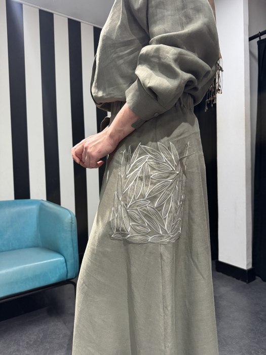 Si Design Cepleri Yaprak Desenli Keten Etek KHAKİ - 3