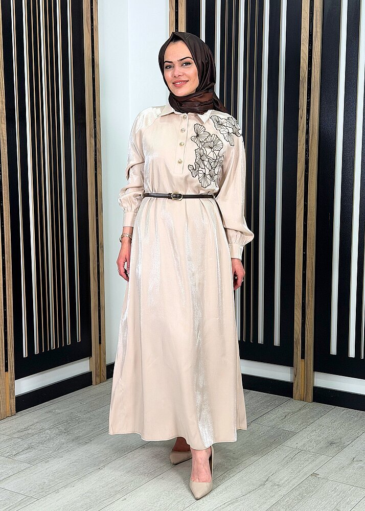 Si Design Çiçek İşlemeli Elbise BEJ