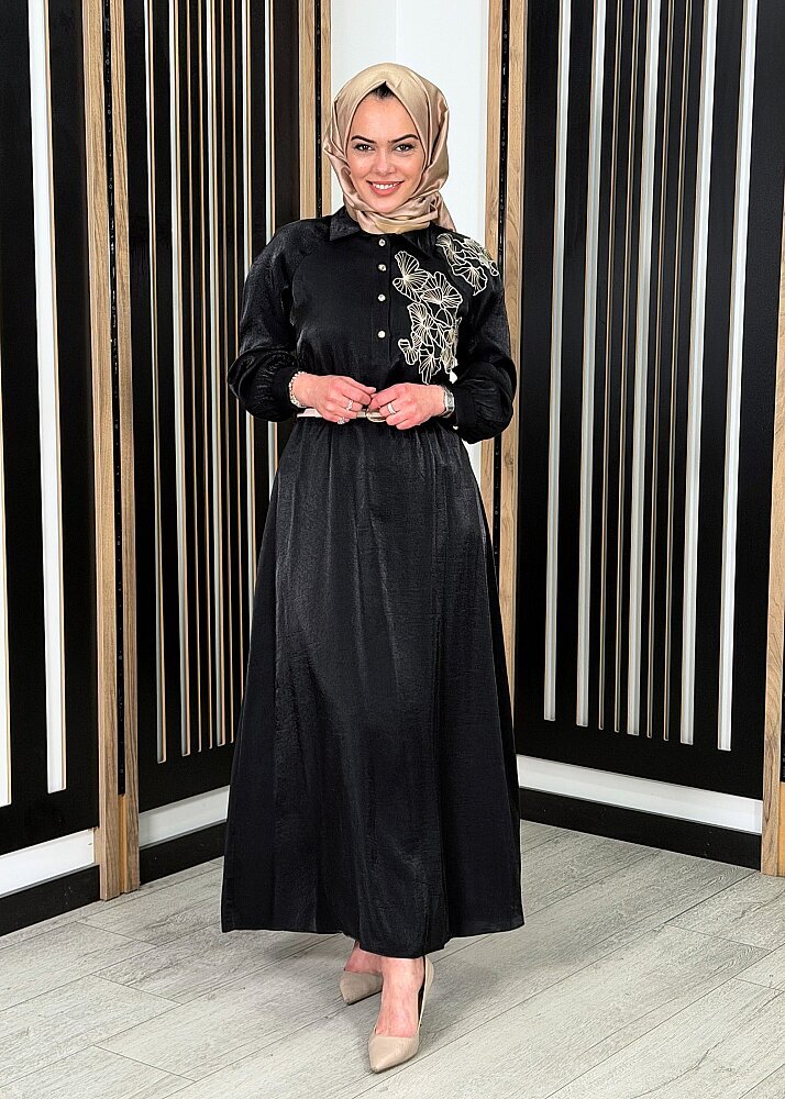 Si Design Çiçek İşlemeli Elbise SİYAH