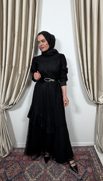 Si Design Dantel Elbise SİYAH - 2