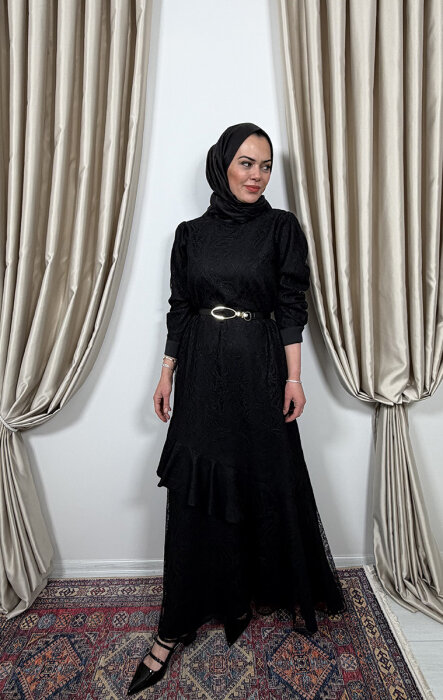 Si Design Dantel Elbise SİYAH - 4