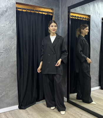 Si Design Düğmeli Keten Ceket SİYAH - 5