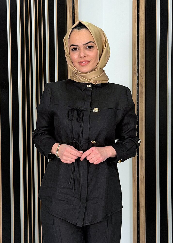 Si Design Gold Düğmeli Keten Gömlek BLACK