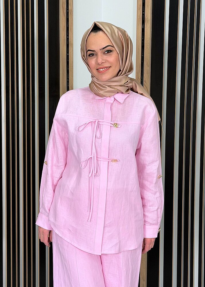 Si Design Gold Düğmeli Keten Gömlek Pink