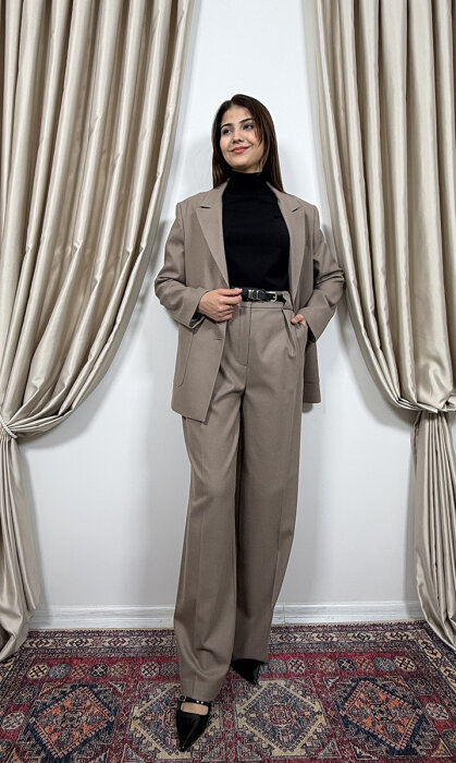 Si Design Kemerli Bol Pantolon MİNK - 5