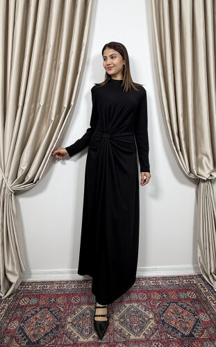 Si Design Önden Büzgülü Penye Elbise BLACK - 2