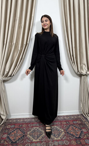 Si Design Önden Büzgülü Penye Elbise BLACK - 3