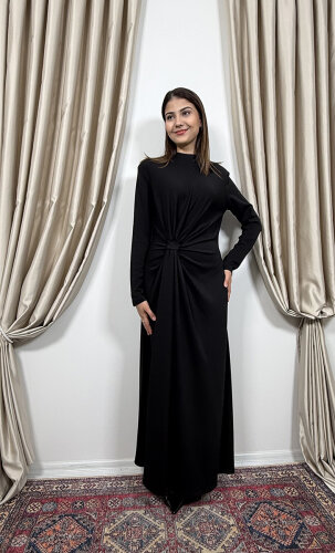 Si Design Önden Büzgülü Penye Elbise BLACK - 4