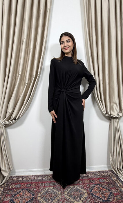 Si Design Önden Büzgülü Penye Elbise BLACK - 4