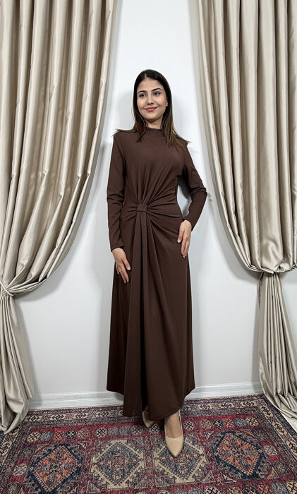 Si Design Önden Büzgülü Penye Elbise Brown - 1