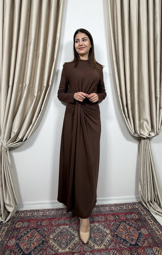 Si Design Önden Büzgülü Penye Elbise Brown - 2
