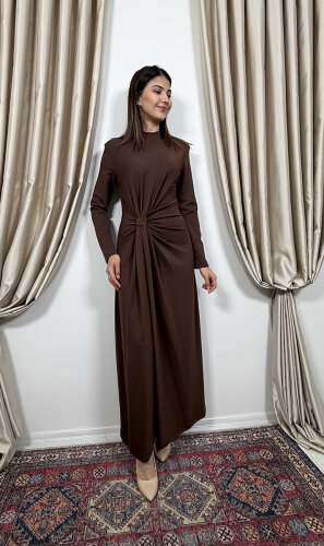 Si Design Önden Büzgülü Penye Elbise Brown - 3