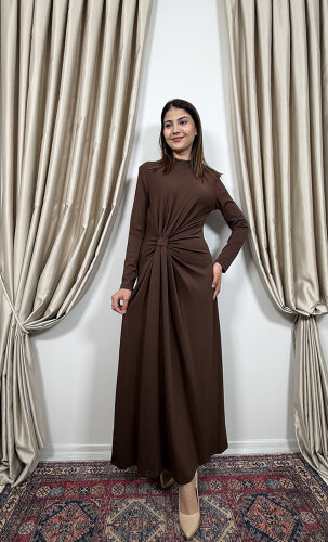 Si Design Önden Büzgülü Penye Elbise Brown - 4