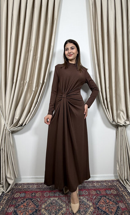 Si Design Önden Büzgülü Penye Elbise Brown - 4