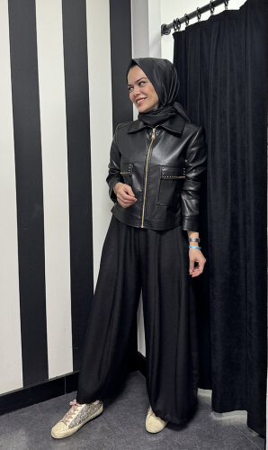 Si Design Önden Cepli Deri Ceket BLACK - 2