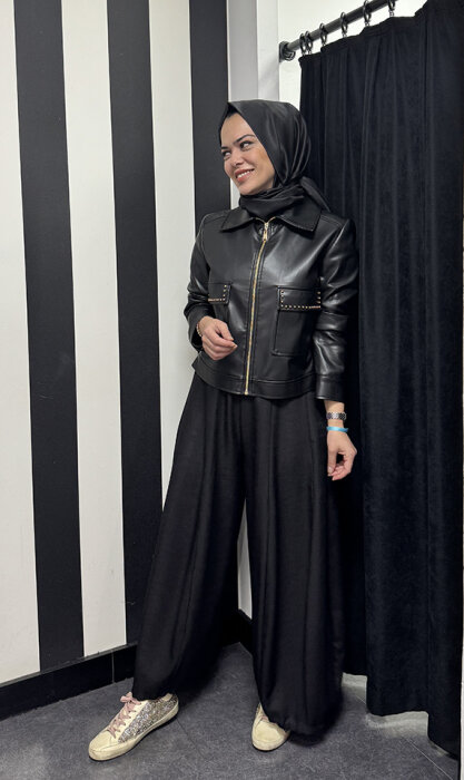 Si Design Önden Cepli Deri Ceket BLACK - 2