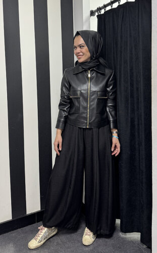 Si Design Önden Cepli Deri Ceket BLACK - 1