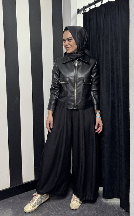 Si Design Önden Cepli Deri Ceket BLACK - 1
