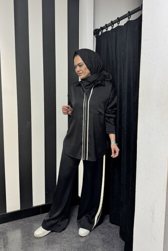 Si Design Önden Taş Detaylı Gömlek BLACK - 2