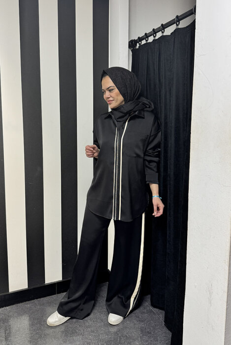 Si Design Önden Taş Detaylı Gömlek BLACK - 2