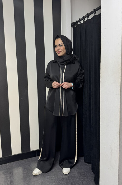 Si Design Önden Taş Detaylı Gömlek BLACK - 1