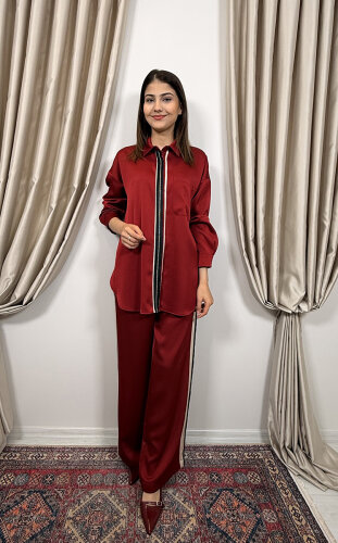 Si Design Önden Taş Detaylı Gömlek WINE - 6