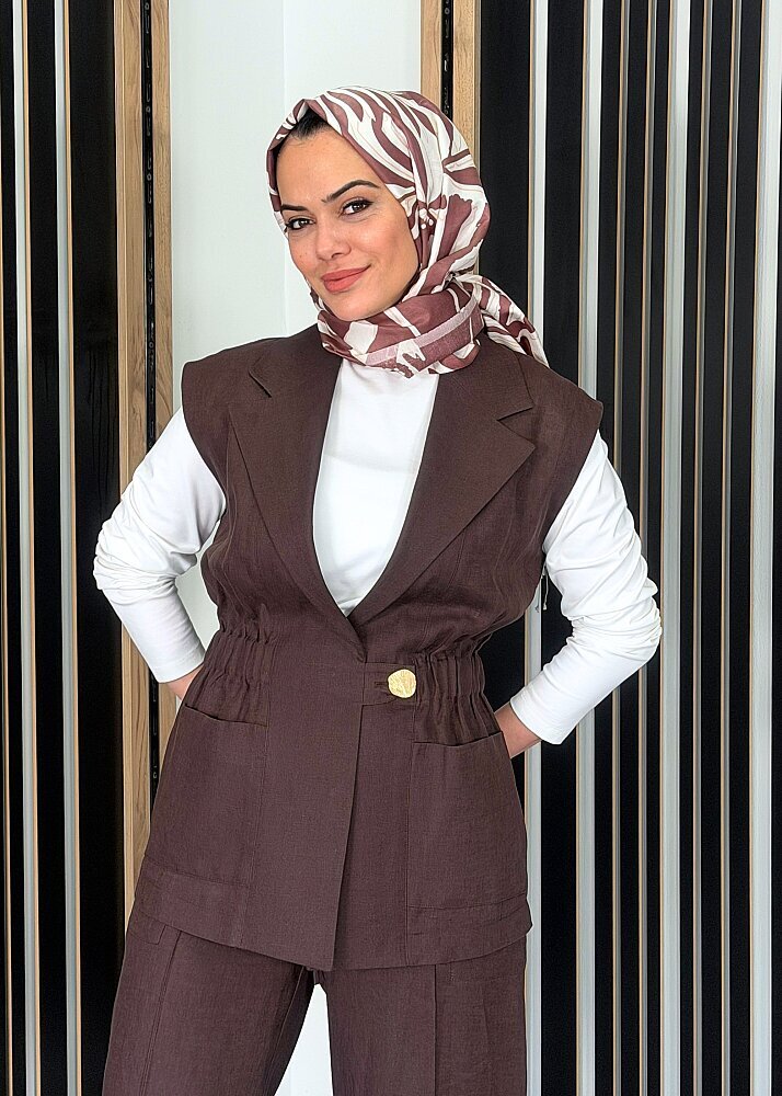 Si Design Önü Büzgülü Keten Yelek KAHVE - 2