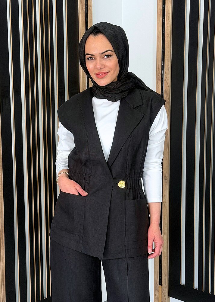 Si Design Önü Büzgülü Keten Yelek SİYAH - 2