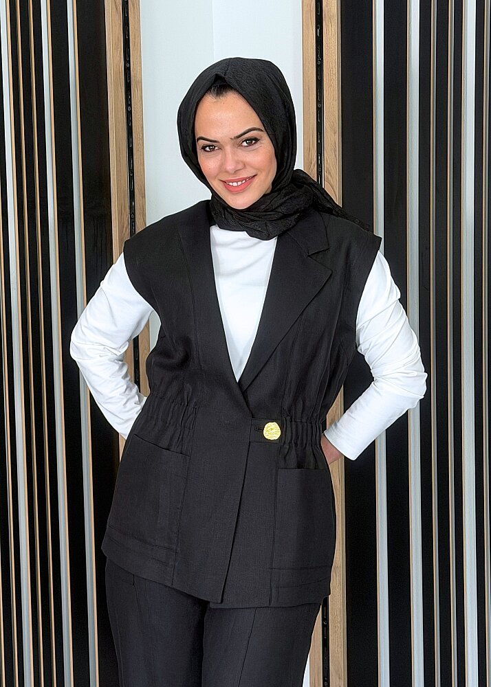 Si Design Önü Büzgülü Keten Yelek SİYAH