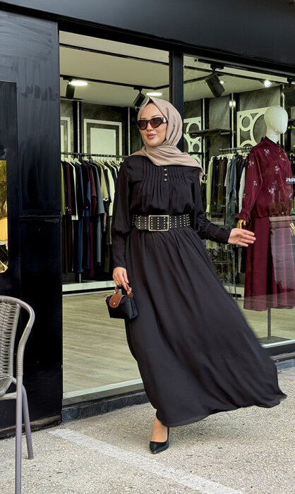 Si Design Önü Düğmeli Elbise BLACK - 1