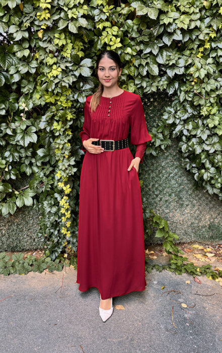 Si Design Önü Düğmeli Elbise WINE - 3